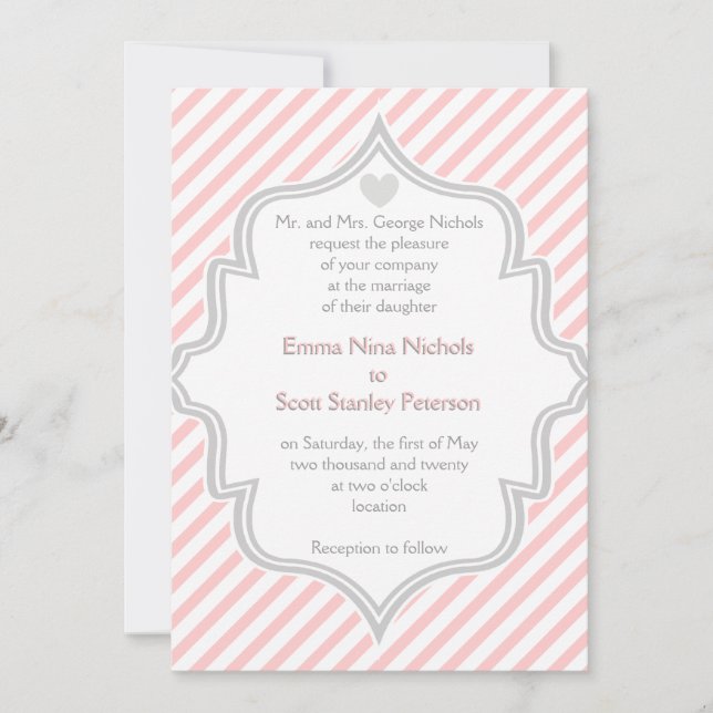 Elegant pink, white, grey stripes wedding invitation (Front)