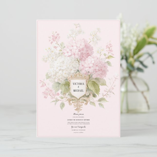 Elegant Pink & White Hydrangeas Wedding Invitation (Standing Front)