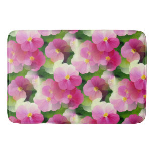 Elegant Pink & White Impatiens Flower Pattern Bath Mat