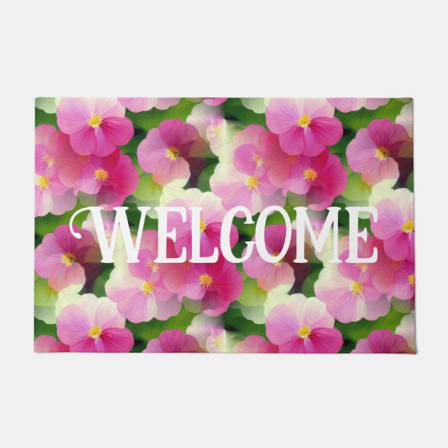Elegant Pink & White Impatiens Flower Pattern Doormat (Front)