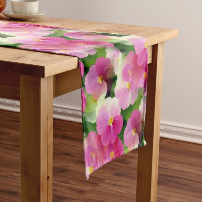 Elegant Pink & White Impatiens Flower Pattern Short Table Runner (In Situ)