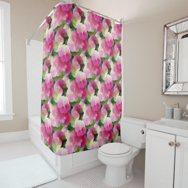 Elegant Pink & White Impatiens Flower Pattern Shower Curtain (In Situ)