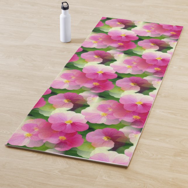 Elegant Pink & White Impatiens Flower Pattern Yoga Mat (In Situ)