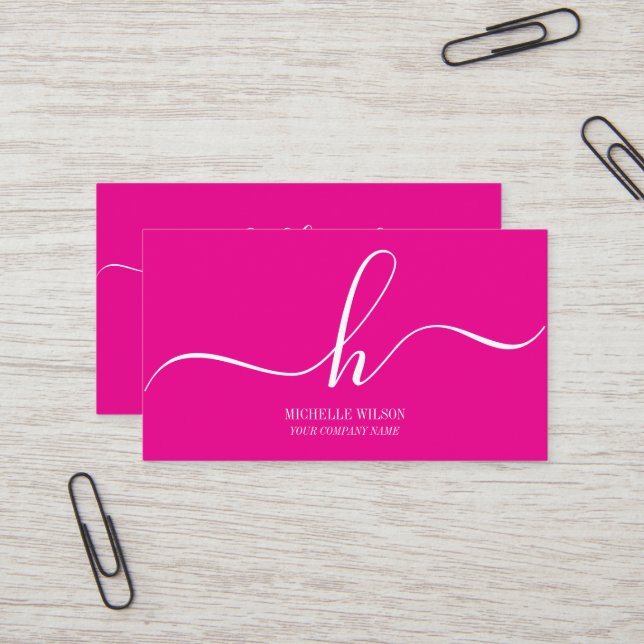 Elegant Pink White Monogram Initial Script Name  Business Card (Front/Back In Situ)