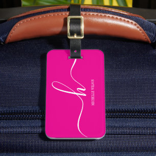 Elegant Pink White Monogram Initial Script Name Luggage Tag