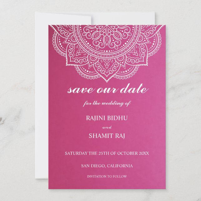 Elegant Pink White Paisley Indian Hindu Wedding Save The Date (Front)