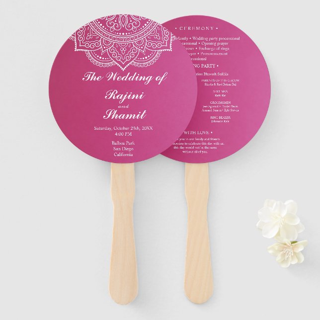 Elegant Pink White Paisley Indian Wedding Program Hand Fan (Front and Back)