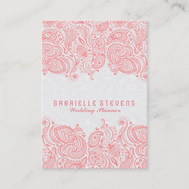 Elegant Pink & White Paisley Lace Wedding Planner Business Card (Front)