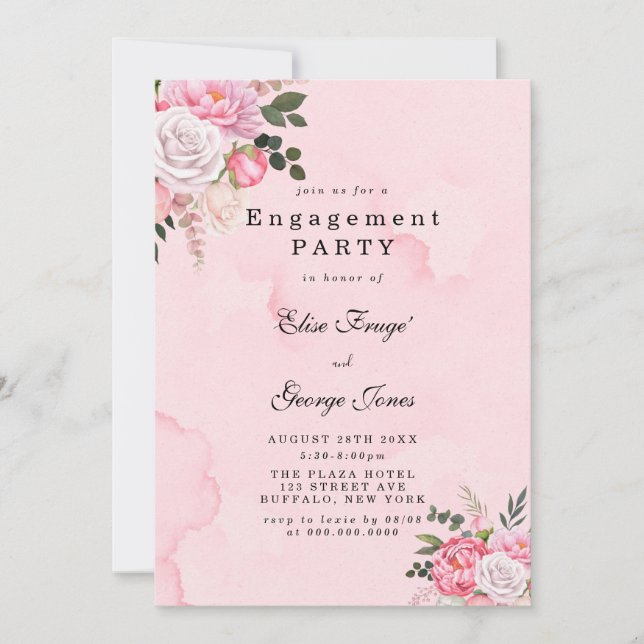 Elegant Pink White Peonies Engagement Party Invitation (Front)