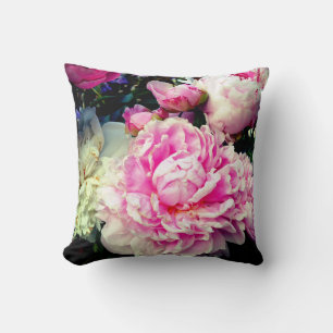 Elegant pink white peony floral garden photo cushion