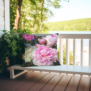Elegant pink white peony floral garden photo cushion