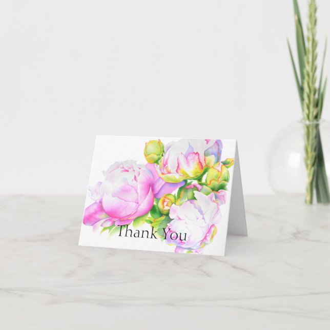 Elegant pink white peony floral watercolor thank you card (Front)