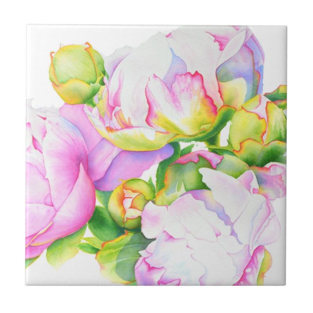 Elegant pink white peony floral watercolor tile (Front)