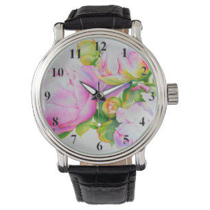 Elegant pink white peony floral watercolor watch