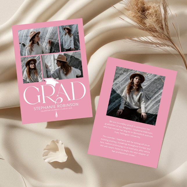 Elegant Pink & White Photo Collage Graduation Announcement (Creator Uploaded)