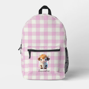 Elegant pink white plaid cute cow personalise printed backpack