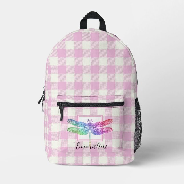 Elegant pink white plaid dragonfly personalise  printed backpack (Front)