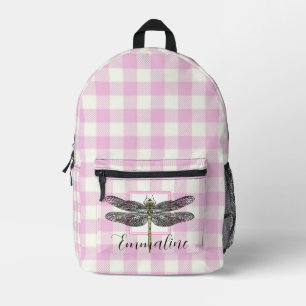 Elegant pink white plaid dragonfly personalise printed backpack
