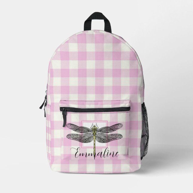 Elegant pink white plaid dragonfly personalise  printed backpack (Front)