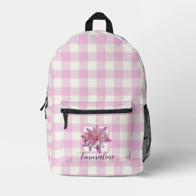 Elegant pink white plaid floral daisy personalise  printed backpack (Front)