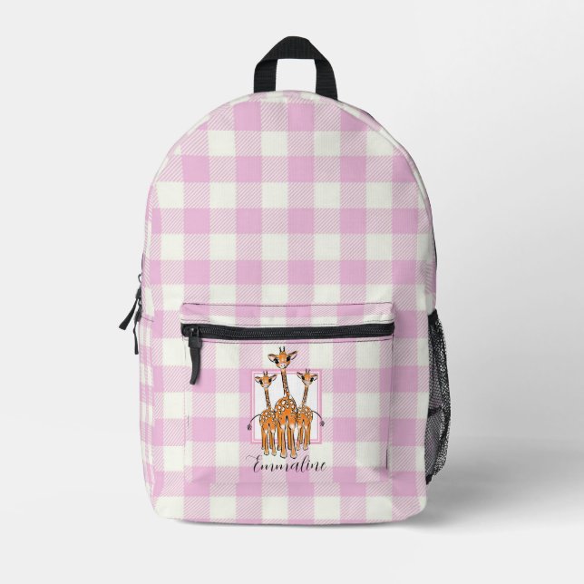 Elegant pink white plaid giraffes personalise  printed backpack (Front)