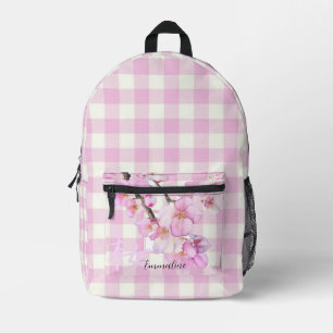 Elegant pink white plaid pink blossom personalise printed backpack