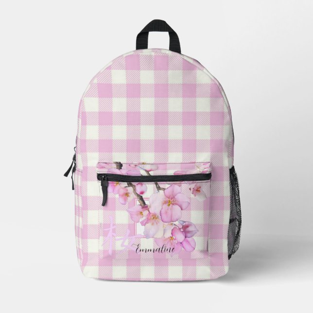 Elegant pink white plaid pink blossom personalise  printed backpack (Front)