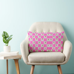 Elegant Pink & White Plaid With Flower Lumbar Cushion