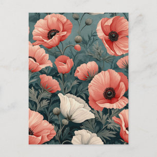 Elegant Pink White Red Poppies Dark Leaves Floral Postcard