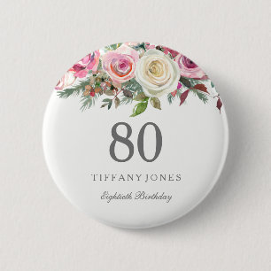 Elegant Pink White Rose 80th Birthday Party 6 Cm Round Badge
