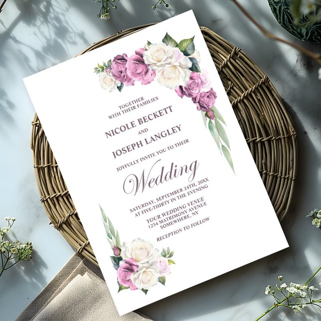 Elegant Pink White Rose Floral Wedding Invitation (Creator Uploaded)