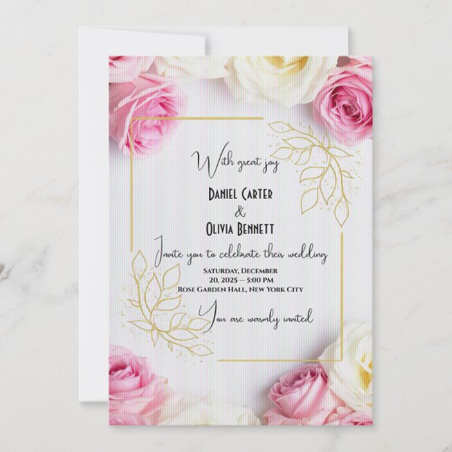 Elegant Pink & White Rose Wedding Invitation (Front)