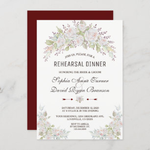 Elegant Pink White Roses Burgundy Rehearsal Dinner Invitation