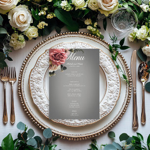 Elegant Pink White Roses Floral Grey Wedding Menu