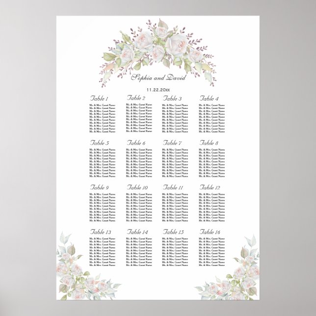 Elegant Pink White Roses Wedding Seating Chart (Front)