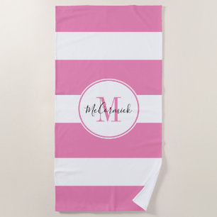 Elegant Pink White Stripes Gold Monogram Name Beach Towel