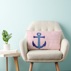 Elegant Pink White Stripes Pattern Blue Anchor Lumbar Cushion