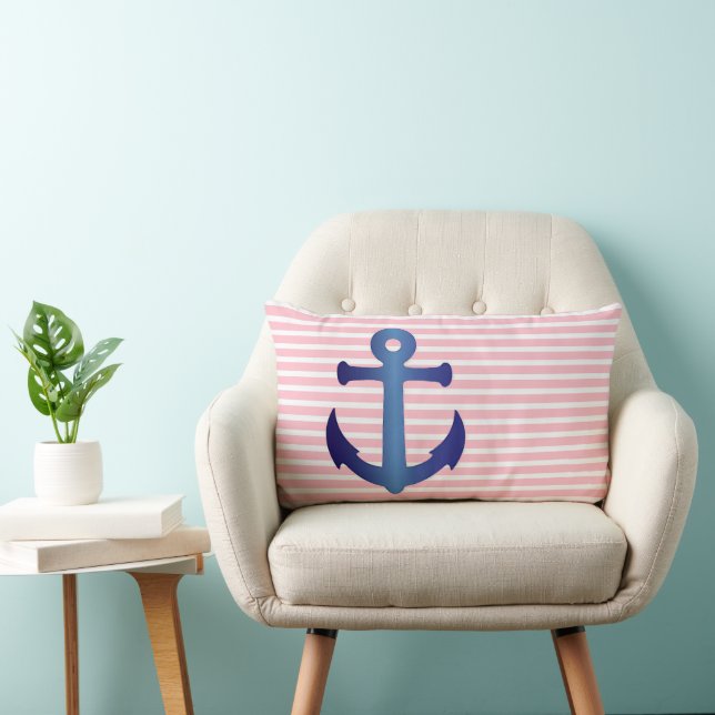Elegant Pink White Stripes Pattern Blue Anchor Lumbar Cushion (Chair)