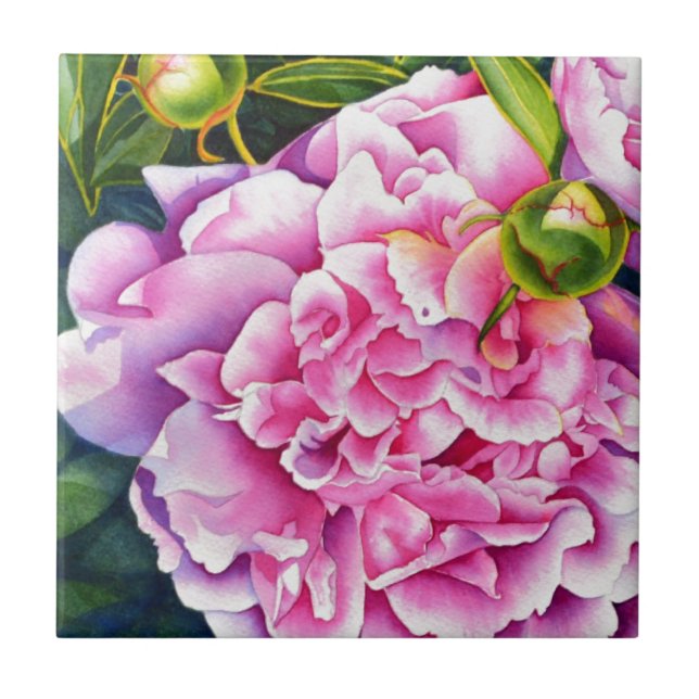 Elegant pink white watercolor classic floral ceramic tile (Front)
