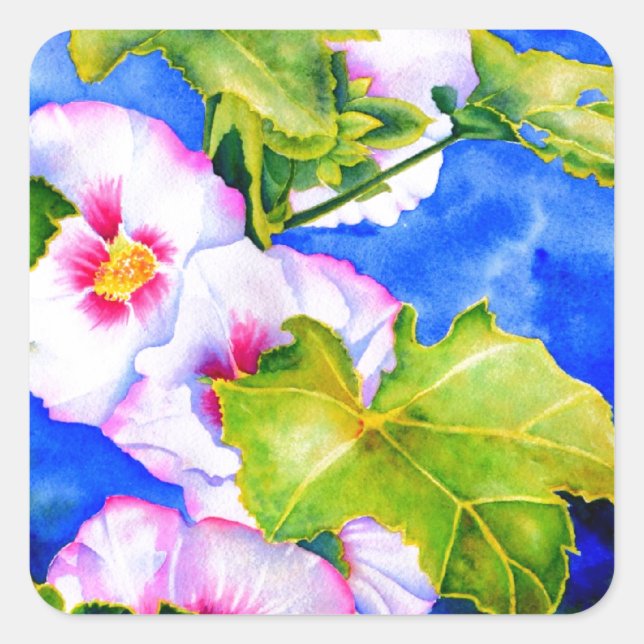 Elegant pink white watercolor floral garden square sticker (Front)