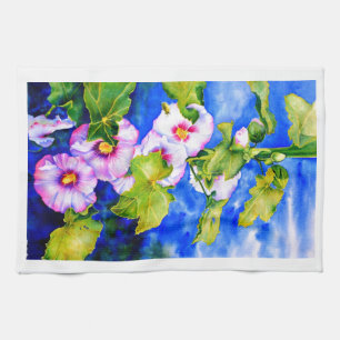 Elegant pink white watercolor floral garden tea towel