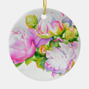 Elegant pink white watercolor florals ceramic tree decoration