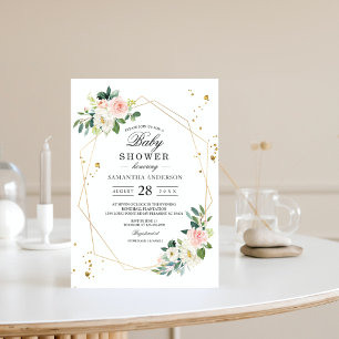 Elegant Pink & White Watercolor Flowers Gold Drops Invitation
