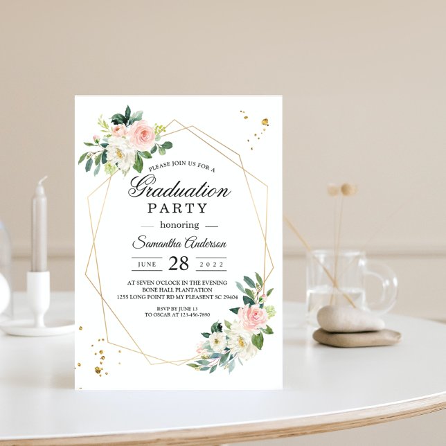 Elegant Pink & White Watercolor Flowers Gold Drops Invitation (Creator Uploaded)
