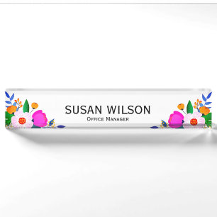 Elegant Pink White & Yellow Flowers Office Manager Nameplate