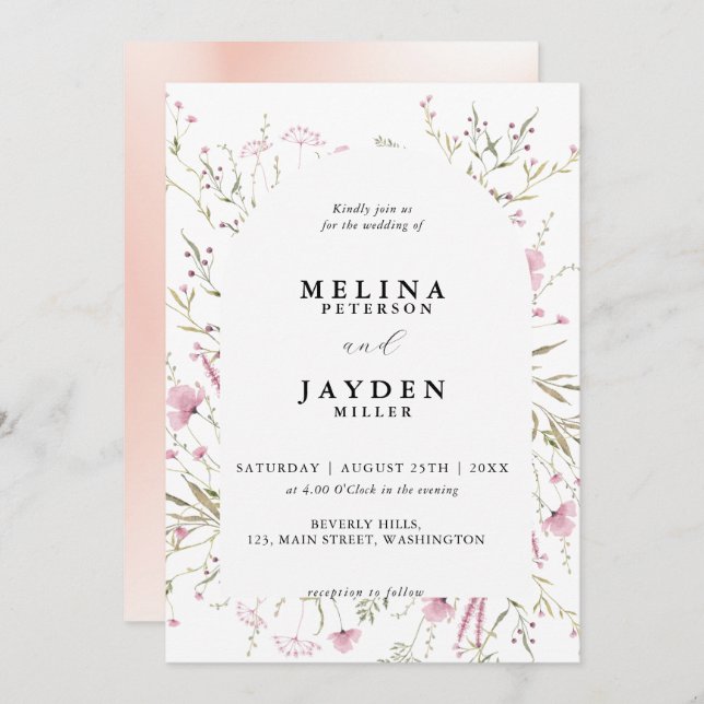 Elegant Pink Wild Floral Arch Wedding  Invitation (Front/Back)