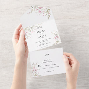 Elegant Pink Wild Floral Wedding  All In One Invitation