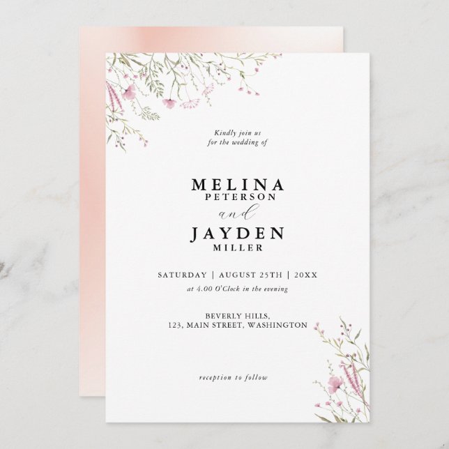 Elegant Pink Wild Floral Wedding Invitation (Front/Back)