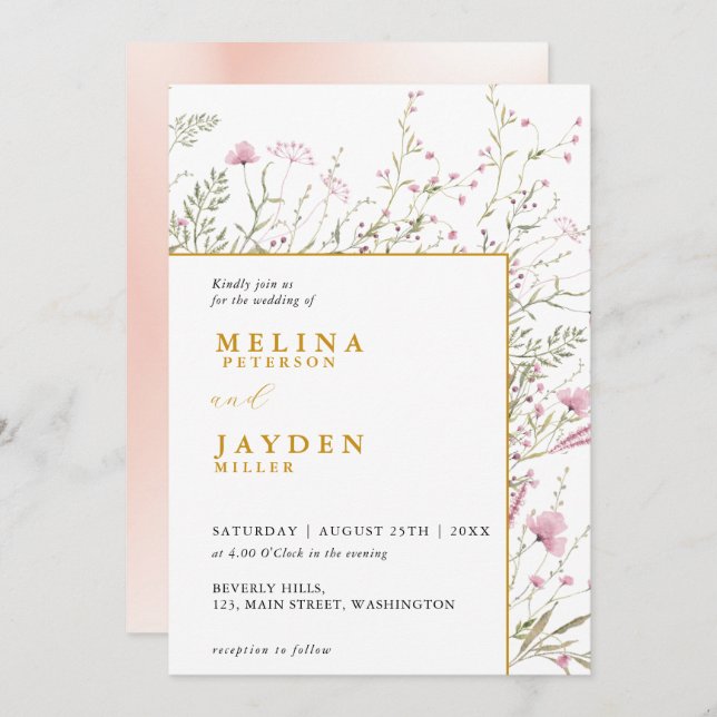 Elegant Pink Wild Floral Wedding  Invitation (Front/Back)