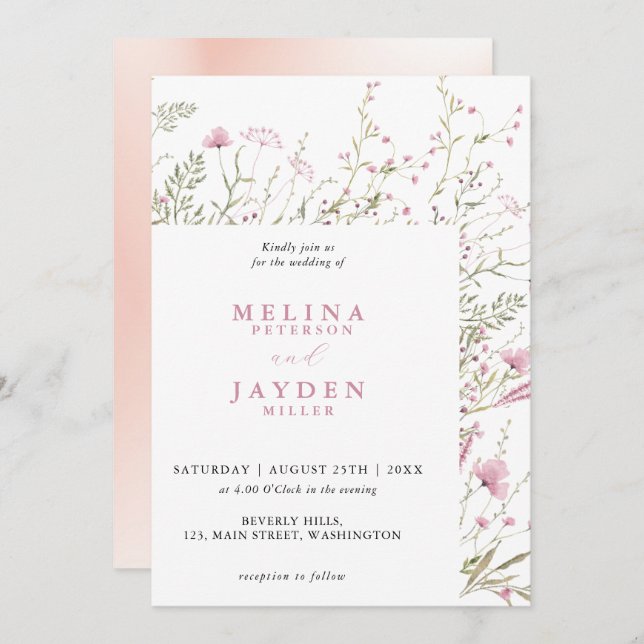 Elegant Pink Wild Floral Wedding  Invitation (Front/Back)